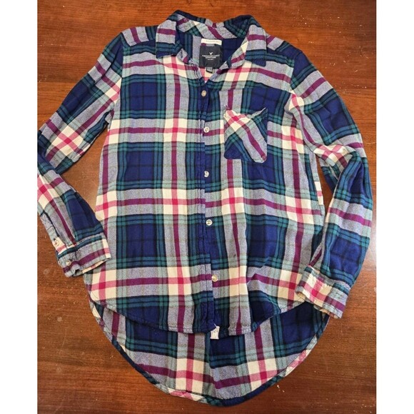 American Eagle Boyfriend Shirt Medium Blue Purple Plaid Viscose Button Down Top - Picture 1 of 6